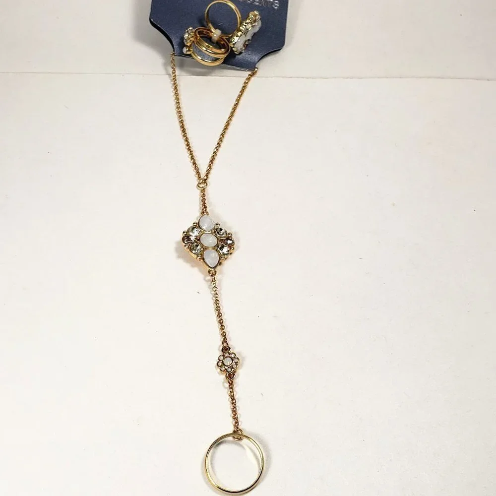 Vintage Gold Chain Necklace with 4 Rings & Pearl Crystal Pendant -  Bracelet